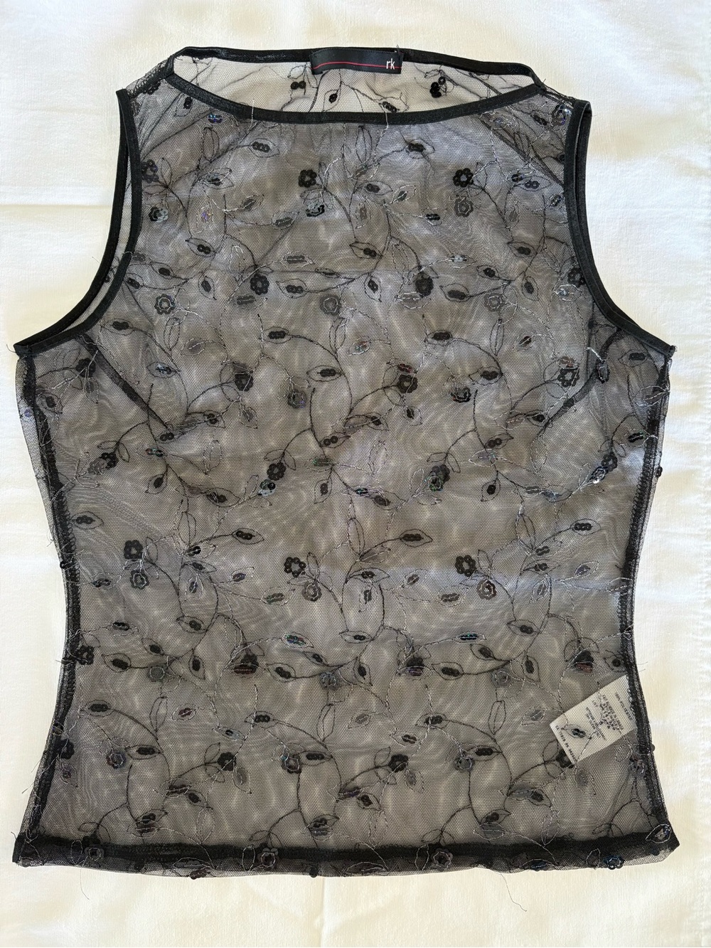 Vintage Robin K Black Embroidered Sheer Mesh Top with Subtle Sequins